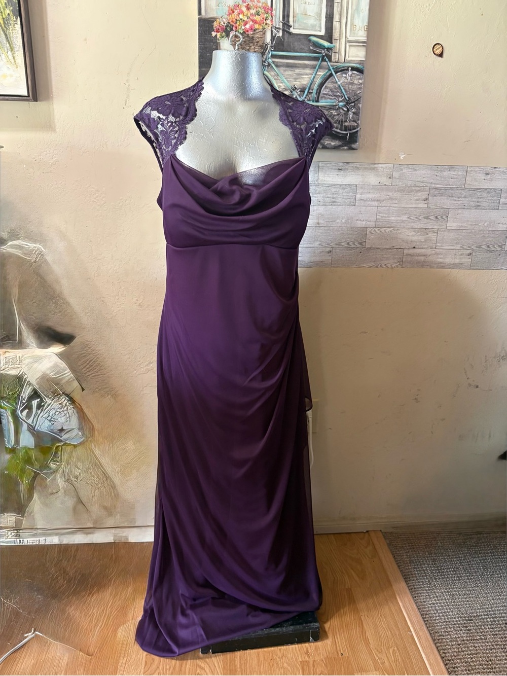 Xscape Deep Purple Lace-Shoulder Cowl Neck Maxi Dress
